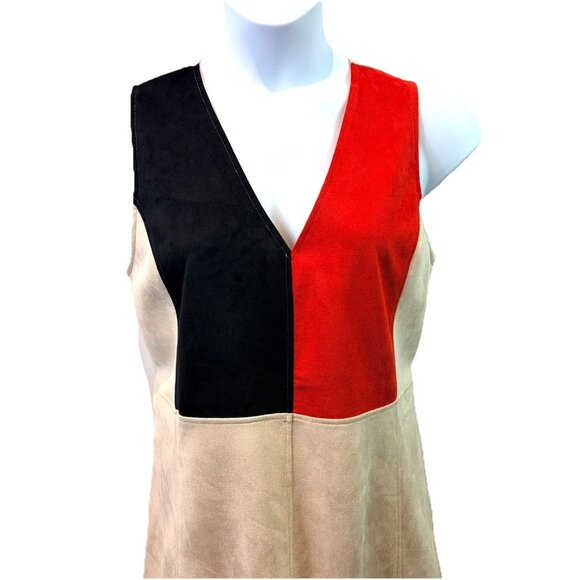 Zara Womens Dress Faux Suede Microfiber Tan Black Red Color Block Sz L NWT - Picture 3 of 10